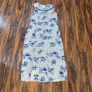 Vintage 90s Linen Blend Floral Maxi Dress Beige Blue Mother of Pearl Button 10 L